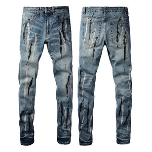 Trendy Jeans Graffiti Flowing Splash Ink Ripped Jeans Stretch Slim Denim