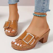 Load image into Gallery viewer, Fashion Crocodile-textured Buckle Sandals Square Chunky Heel Peep-toe Slides Slippers Women Shoes
