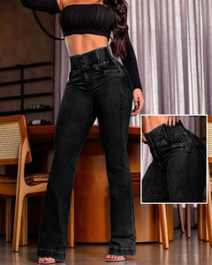 Elastic Waistband High Waist Button Stretch Tight Skinny Pants Denim