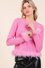 Load image into Gallery viewer, Mittoshop Feather Trim Long Sleeve Crop Hacci Knit Top
