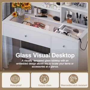 Vanity Desk With Mirror And 3 Lighting Modes, Makeup Vanity With Glass Top And Storage Shelves, Dressing Table With 2 Drawers And Cabinet