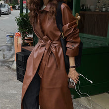 Load image into Gallery viewer, Retro Niche Lapel Waist Belt Single-breasted Long Leather Trench Coat
