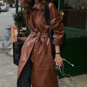 Retro Niche Lapel Waist Belt Single-breasted Long Leather Trench Coat