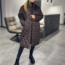 Load image into Gallery viewer, Winter Rhombus Stitching Coat Warm Solid Color Pocket Lapel Long Jacket Women's Clothing
