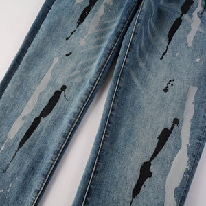 Trendy Jeans Graffiti Flowing Splash Ink Ripped Jeans Stretch Slim Denim