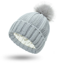 Cargar imagen en el visor de la galería, Winter Knitted Hats Fashion Stretchy Lined Skull Hats For Women Faux Fur Pom Pom Hat Keep Warming Beanie Hat

