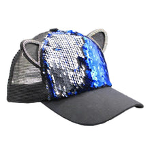 Cargar imagen en el visor de la galería, Gorras para niños, niñas, niños, sombreros, lentejuelas, orejas de gato, visera solar, gorras de béisbol de red
