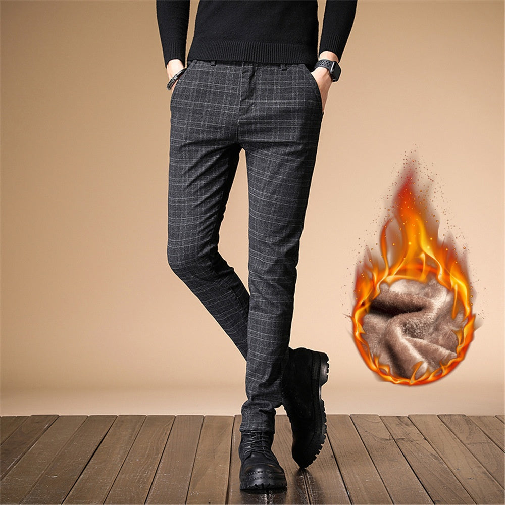 Pantalones casuales a cuadros cepillados para hombre, pantalones ajustados para hombre, pantalones de traje de invierno coreanos de estilo grueso con forro polar, pantalones de una pieza para hombre, envío directo, 2023