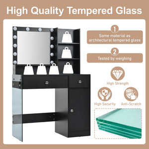 Vanity Desk With Mirror And 3 Lighting Modes, Makeup Vanity With Glass Top And Storage Shelves, Dressing Table With 2 Drawers And Cabinet