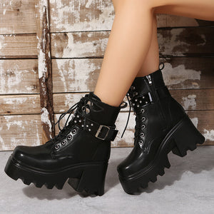 Fashion Round Toe Side Zipper Mid Heel Platform Leather Boots