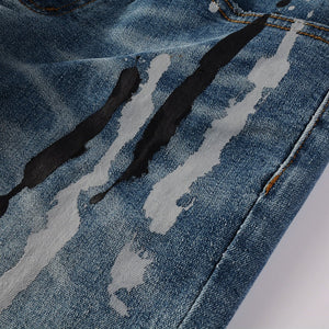 Trendy Jeans Graffiti Flowing Splash Ink Ripped Jeans Stretch Slim Denim