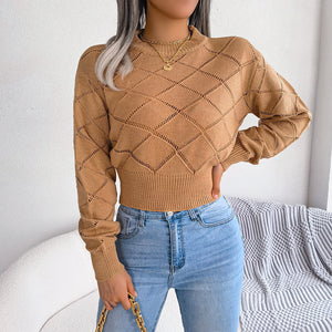 Hollow Plaid Long Sleeves Cropped Knitted Sweater