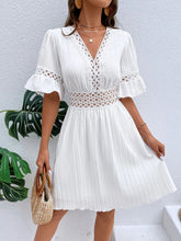 Load image into Gallery viewer, Patchwork Lace Fashion V-neck Tight Waist Solid Color Dress
