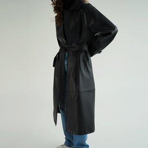 Retro Niche Lapel Waist Belt Single-breasted Long Leather Trench Coat