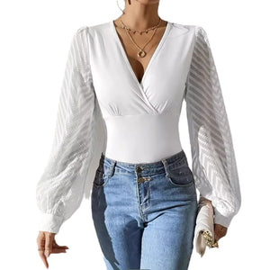 Blusa de manga larga con escote en V profundo y costura de gasa de color liso para mujer