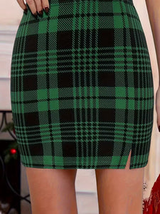 Striped Plaid Contrast Color Hip Skirt High Waist Slit Skirt