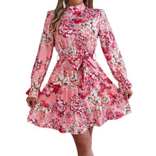 Load image into Gallery viewer, Standing Collar Floral Print Waist-controlled Long Sleeves Ruffled A-line Dresses For Women Spring Autumn Ruffle Edge Long Dress

