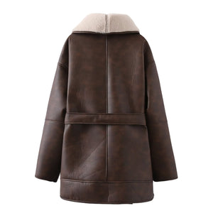 Fashion Cashmere Leather Fur Collar Composite Belt Coat