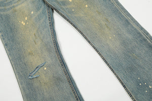 High Street Hole Splash-ink Straight Slightly Flared Washed Worn Jeans