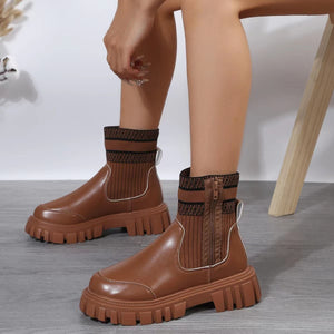 Botas de tubo medio de moda con diseño de cremallera, botas de retazos de punto elástico con suela gruesa antideslizante para mujer, zapatos de punta redonda para invierno