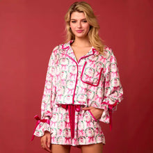 Cargar imagen en el visor de la galería, 2 Pcs Women&#39;s Christmas Pajama Set Santa Tree Print Lapel Neck Button-up Long Sleeve Tops Shorts Loungewear Outfit
