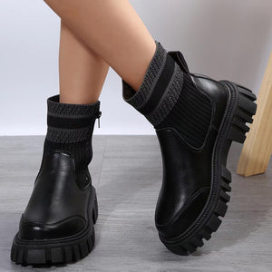 Botas de tubo medio de moda con diseño de cremallera, botas de retazos de punto elástico con suela gruesa antideslizante para mujer, zapatos de punta redonda para invierno