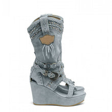 Load image into Gallery viewer, Plus Size High Heel Canvas Denim Wedge Hollow-out Women&#39;s Shoes
