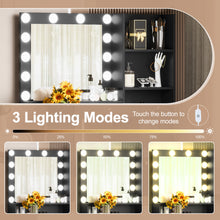 Load image into Gallery viewer, Vanity Desk With Mirror And 3 Lighting Modes, Makeup Vanity With Glass Top And Storage Shelves, Dressing Table With 2 Drawers And Cabinet
