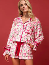 Load image into Gallery viewer, Tied Printed Collared Neck Long Sleeve Top and Shorts Set
