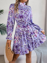 Load image into Gallery viewer, Standing Collar Floral Print Waist-controlled Long Sleeves Ruffled A-line Dresses For Women Spring Autumn Ruffle Edge Long Dress
