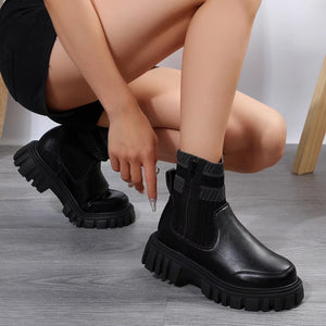 Botas de tubo medio de moda con diseño de cremallera, botas de retazos de punto elástico con suela gruesa antideslizante para mujer, zapatos de punta redonda para invierno