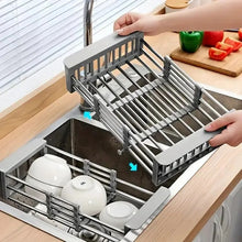 Cargar imagen en el visor de la galería, Adjustable Immersion Sink Dish Drying Rack With Stainless Steel Drain Basket - Portable And Retractable Space-Saving Fruit And Vegetable Solution
