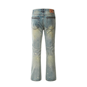 High Street Hole Splash-ink Straight Slightly Flared Washed Worn Jeans