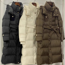 Load image into Gallery viewer, Waist-tight Temperament Mid-length Over The Knee Hood Down Jacket
