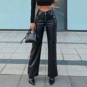 High Waist Straight Loose Wide Leg Casual Pants Leather Pants