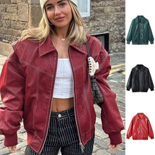 Load image into Gallery viewer, Loose Fashion Lapel Zip-up Jacket Cool Long Sleeve Zipper Closure Moto Biker Leather Jacket Womens Clothing
