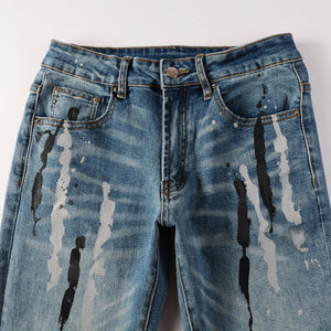 Trendy Jeans Graffiti Flowing Splash Ink Ripped Jeans Stretch Slim Denim