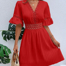 Load image into Gallery viewer, Patchwork Lace Fashion V-neck Tight Waist Solid Color Dress
