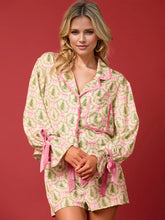 Load image into Gallery viewer, Tied Printed Collared Neck Long Sleeve Top and Shorts Set
