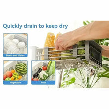 Cargar imagen en el visor de la galería, Adjustable Immersion Sink Dish Drying Rack With Stainless Steel Drain Basket - Portable And Retractable Space-Saving Fruit And Vegetable Solution
