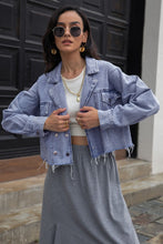 Load image into Gallery viewer, Frayed Detail Double-Breasted Cropped Denim Jacket
