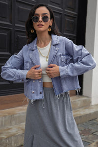 Frayed Detail Double-Breasted Cropped Denim Jacket