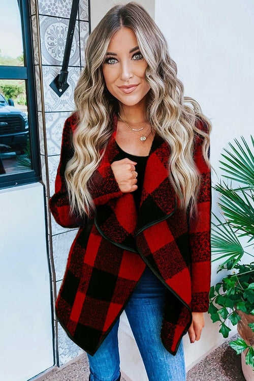 Women's Plaid Long Sleeve Asymmetric Collar Open Front Coat