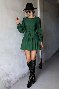 Frill Trim Tie Waist Puff Sleeve Mini Dress