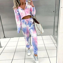 Cargar imagen en el visor de la galería, Conjunto de mujer de dos piezas holgado con camiseta y pantalón de manga larga con efecto tie dye
