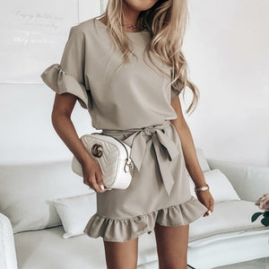 Women Short Sleeve Ruffle Hem Sashes Dress