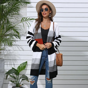 Patchwork Striped Long Sweater Coat