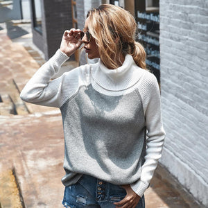 High Neck Two-Tone Color Pullover Sweater