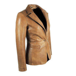 Blazer de cuero color canela con corte cónico para mujer, piel de cordero increíble