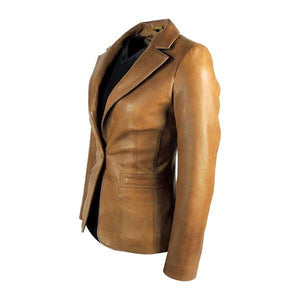 Blazer de cuero color canela con corte cónico para mujer, piel de cordero increíble